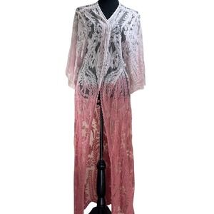 Lace Duster Cardigan Pink feminine‎ spring Floral romantic Kimono Maxi ombre